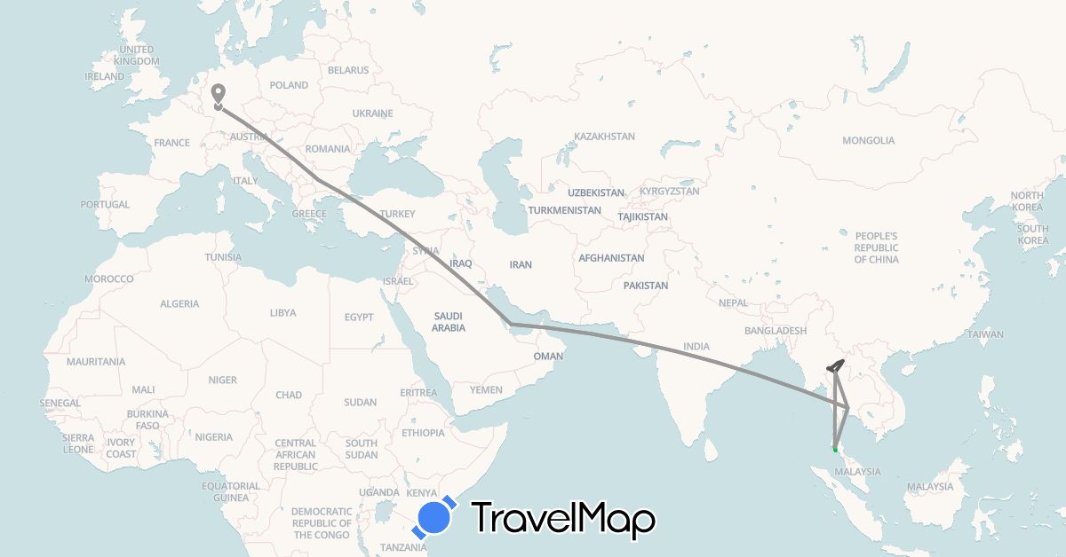 TravelMap itinerary: driving, bus, plane, motorbike in Bulgaria, Germany, Qatar, Thailand (Asia, Europe)